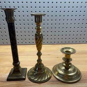 Three Varying Height Mismatched (Mostly) Gold Colored Candlestick Holders